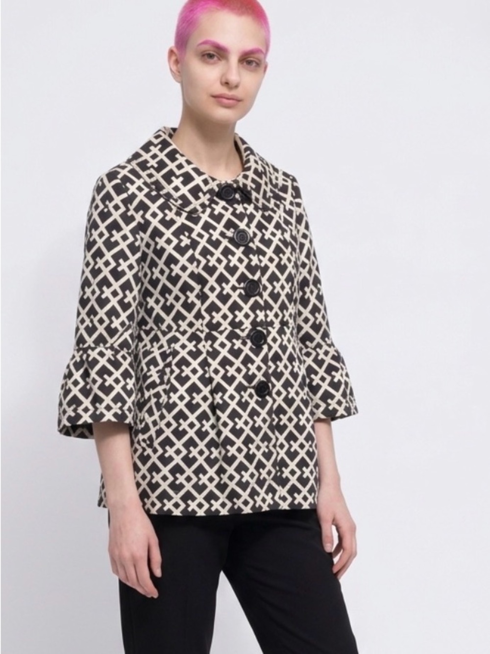 Vintage Eden Court Geometric Black & White Ruffle Sleeve Swing Jacket - Small